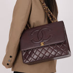 Ultra - Rare Chanel 1991 Dark Bordeaux Lambskin Maxi Double CC Flap Bag 24K GP - FashioNica