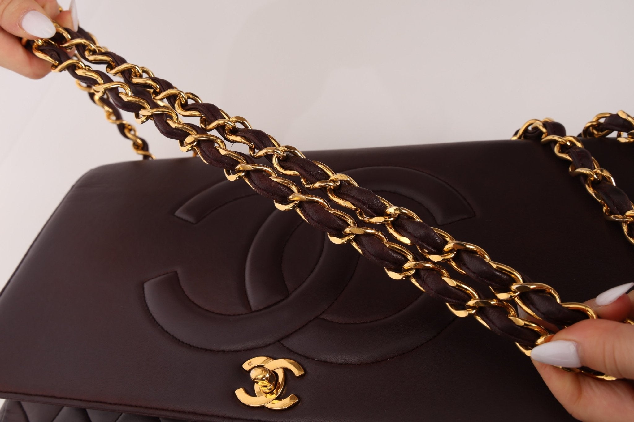 Ultra - Rare Chanel 1991 Dark Bordeaux Lambskin Maxi Double CC Flap Bag 24K GP - FashioNica