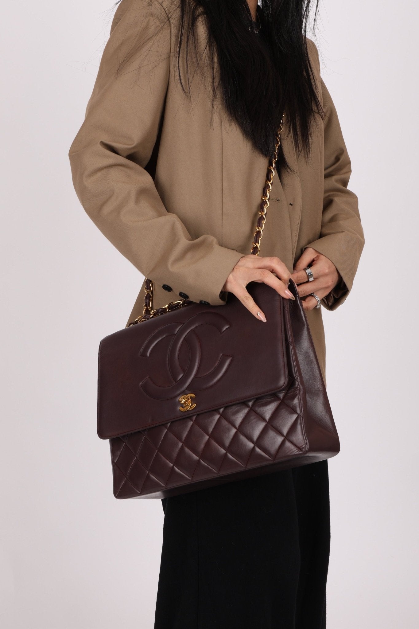 Ultra - Rare Chanel 1991 Dark Bordeaux Lambskin Maxi Double CC Flap Bag 24K GP - FashioNica