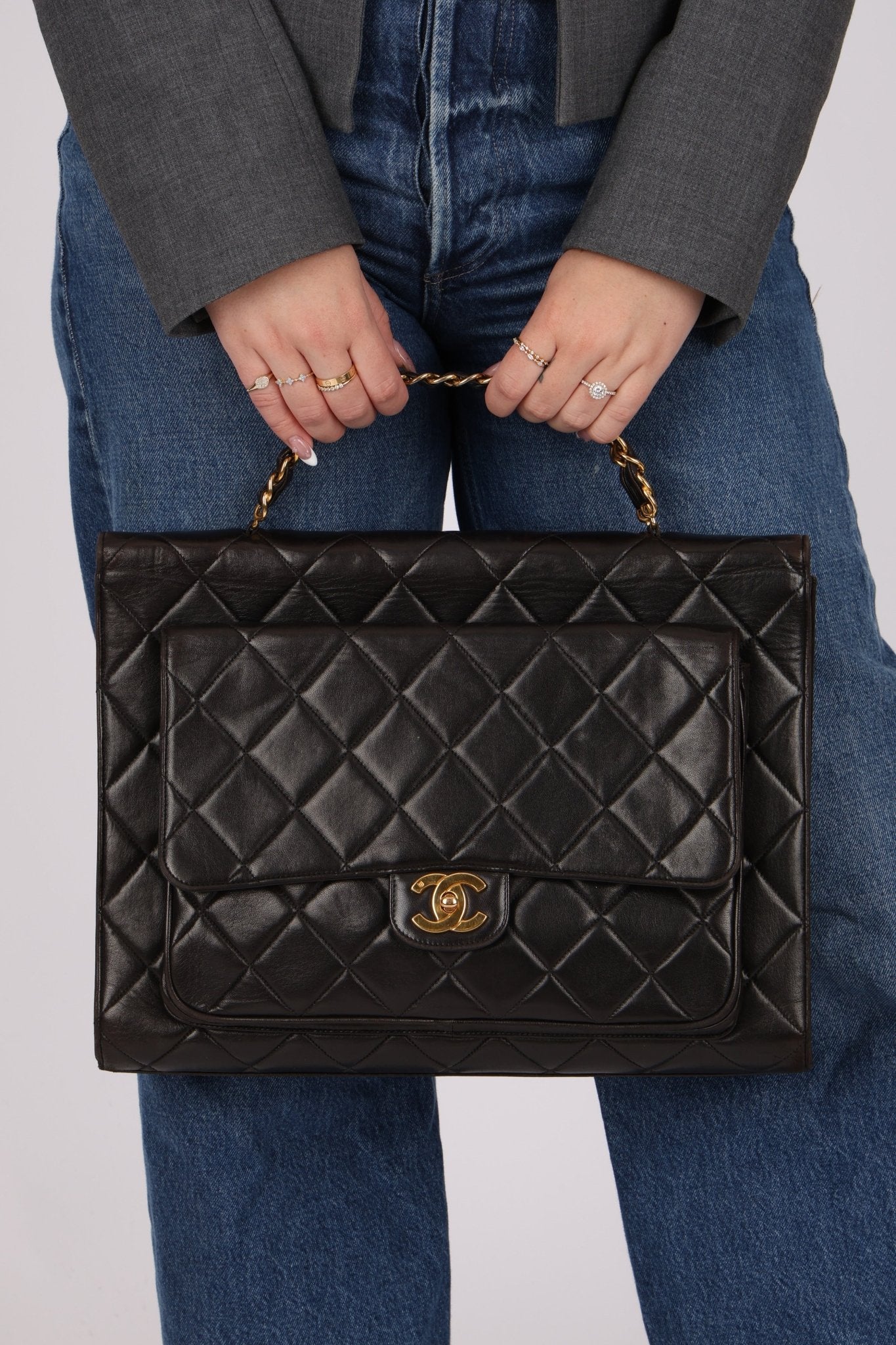 Ultra - Rare Chanel 1994 Lambskin Double - Sided Turnlock Chain Top Handle 24K GP - FashioNica