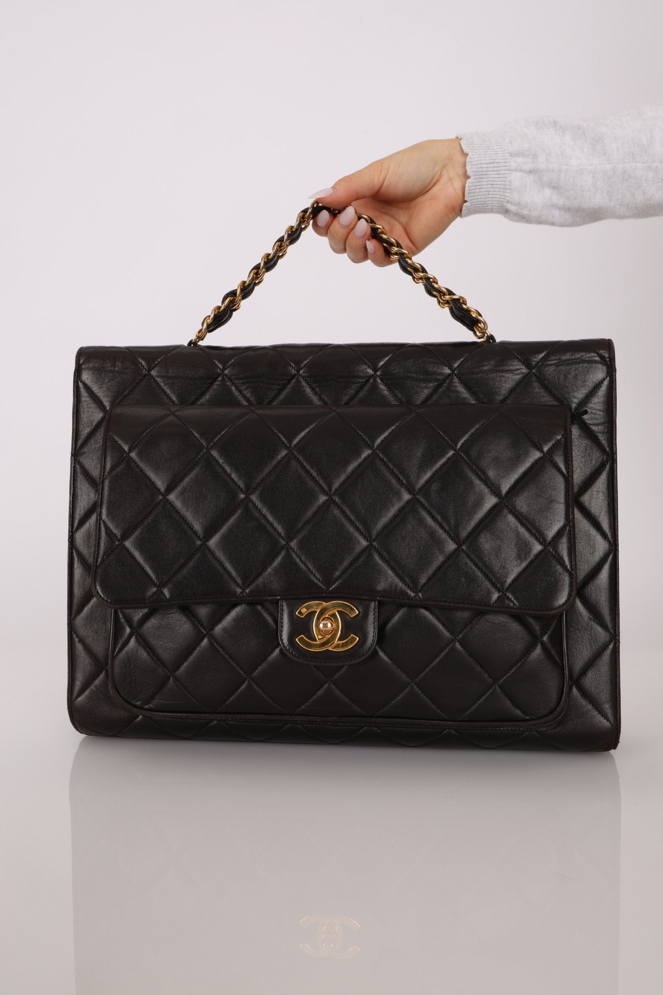 Ultra - Rare Chanel 1994 Lambskin Double - Sided Turnlock Chain Top Handle 24K GP - FashioNica