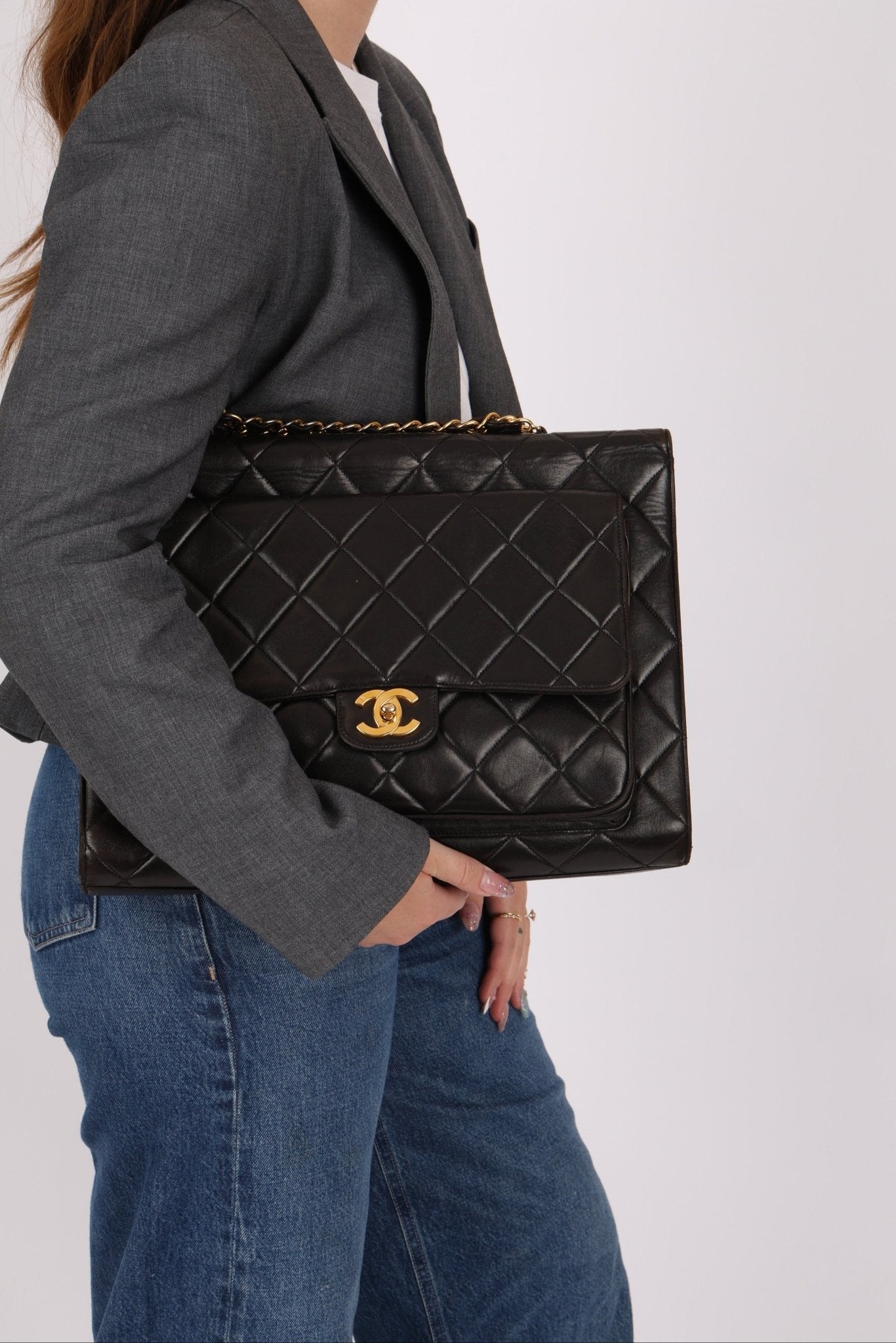 Ultra - Rare Chanel 1994 Lambskin Double - Sided Turnlock Chain Top Handle 24K GP - FashioNica