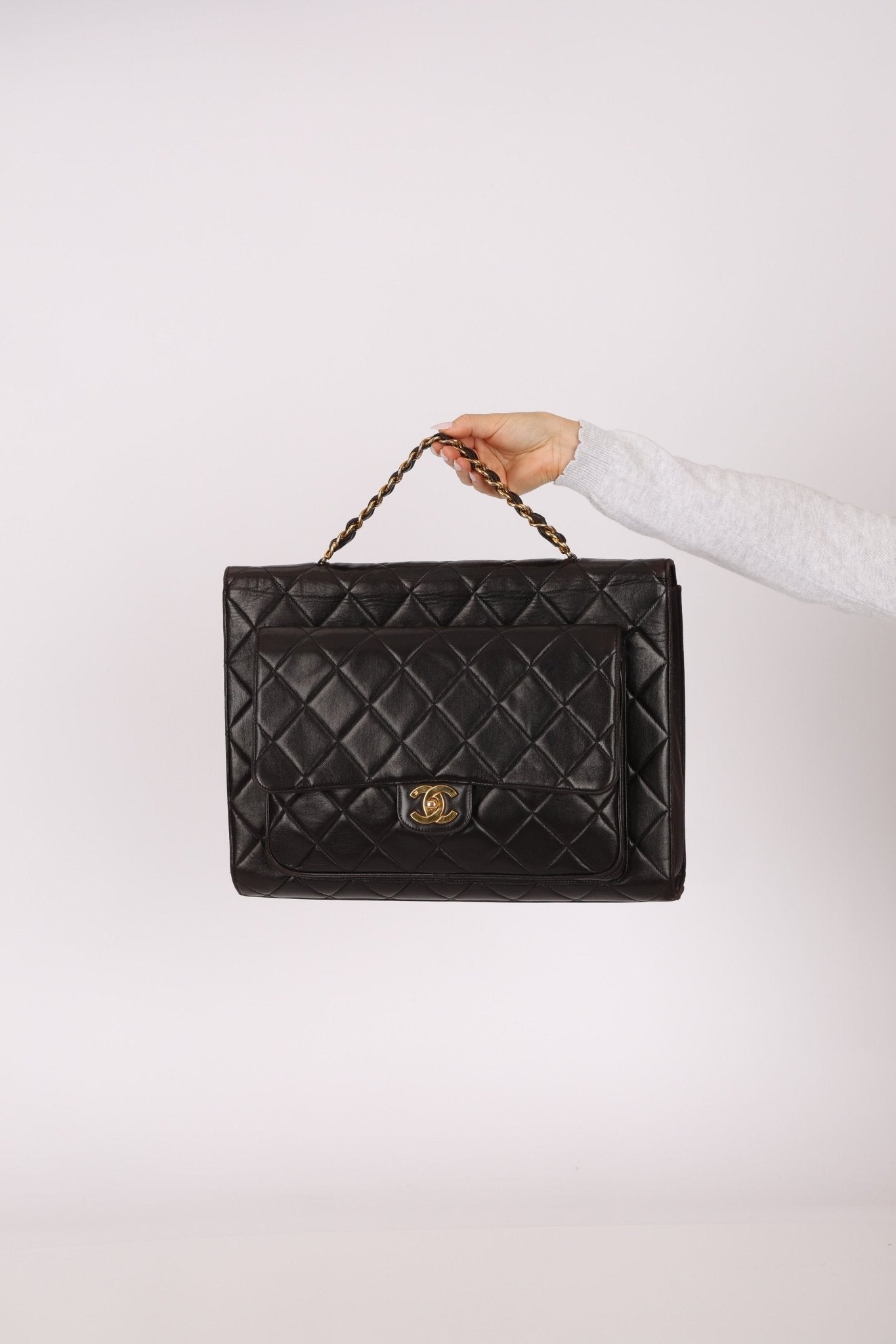 Ultra - Rare Chanel 1994 Lambskin Double - Sided Turnlock Chain Top Handle 24K GP - FashioNica