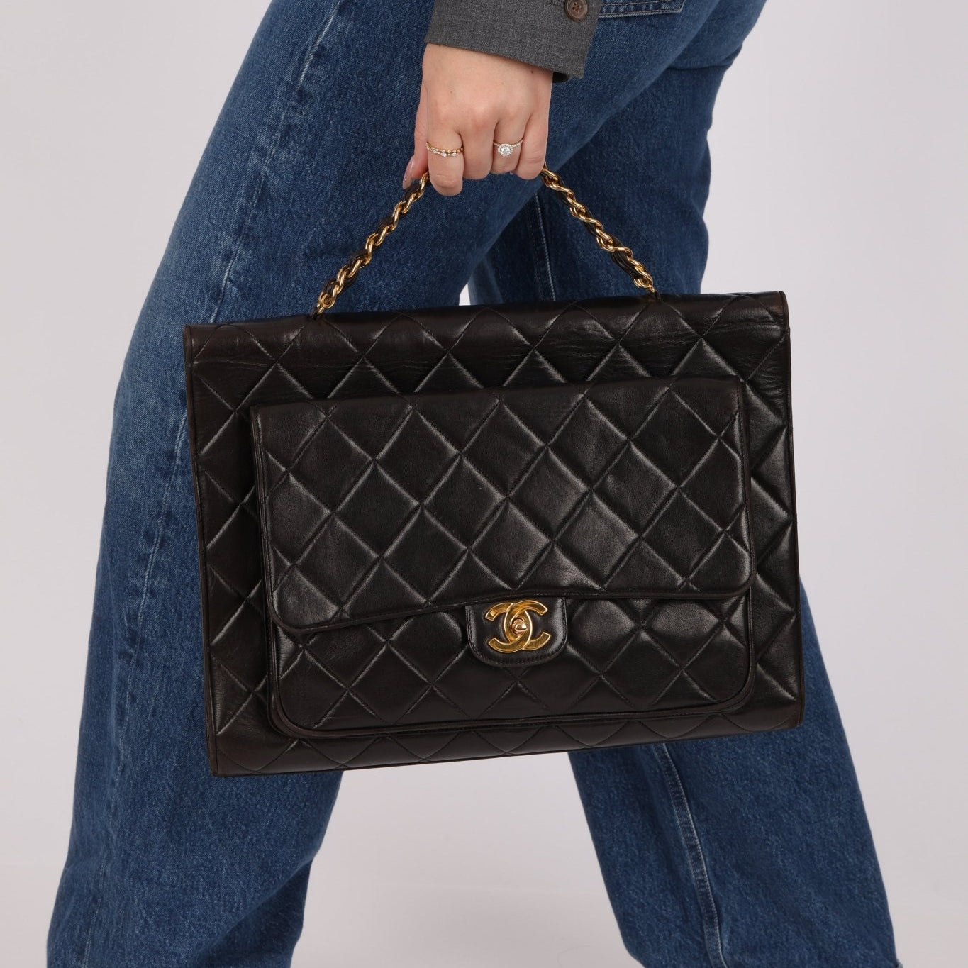 Ultra - Rare Chanel 1994 Lambskin Double - Sided Turnlock Chain Top Handle 24K GP - FashioNica