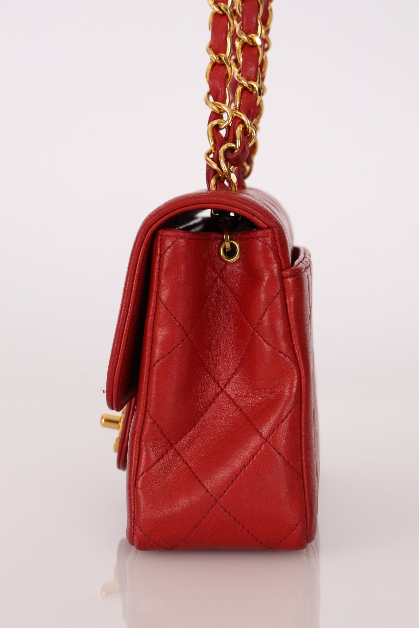 Ultra - Rare Chanel 1995 Red Lambskin Mini Square Flap 24k GP - FashioNica