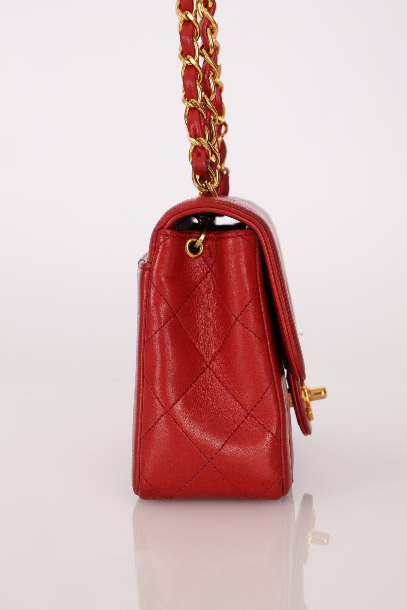 Ultra - Rare Chanel 1995 Red Lambskin Mini Square Flap 24k GP - FashioNica