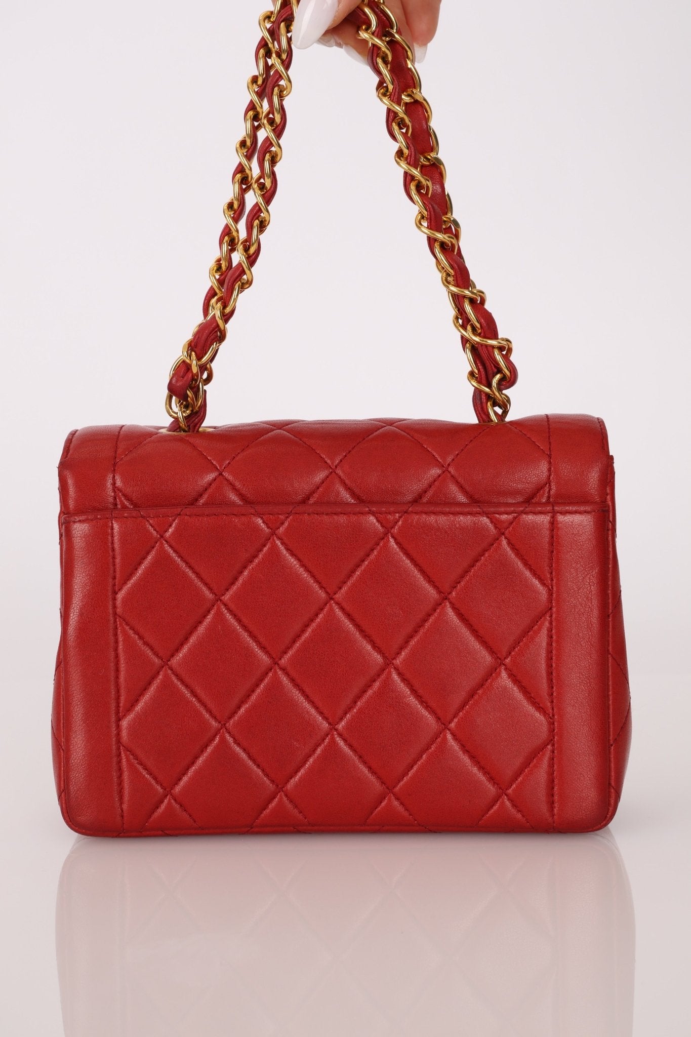 Ultra - Rare Chanel 1995 Red Lambskin Mini Square Flap 24k GP - FashioNica
