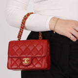 Ultra - Rare Chanel 1995 Red Lambskin Mini Square Flap 24k GP - FashioNica
