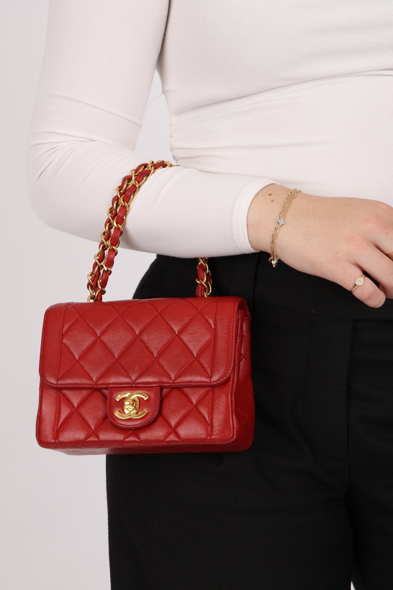 Ultra - Rare Chanel 1995 Red Lambskin Mini Square Flap 24k GP - FashioNica