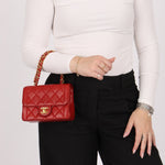 Ultra - Rare Chanel 1995 Red Lambskin Mini Square Flap 24k GP - FashioNica