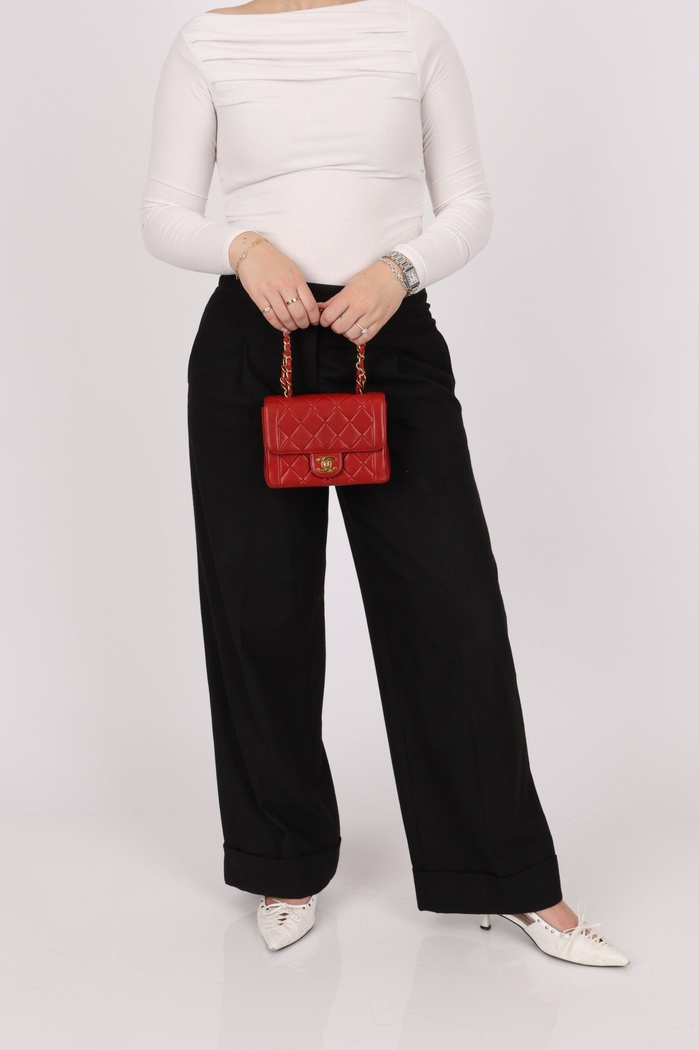 Ultra - Rare Chanel 1995 Red Lambskin Mini Square Flap 24k GP - FashioNica