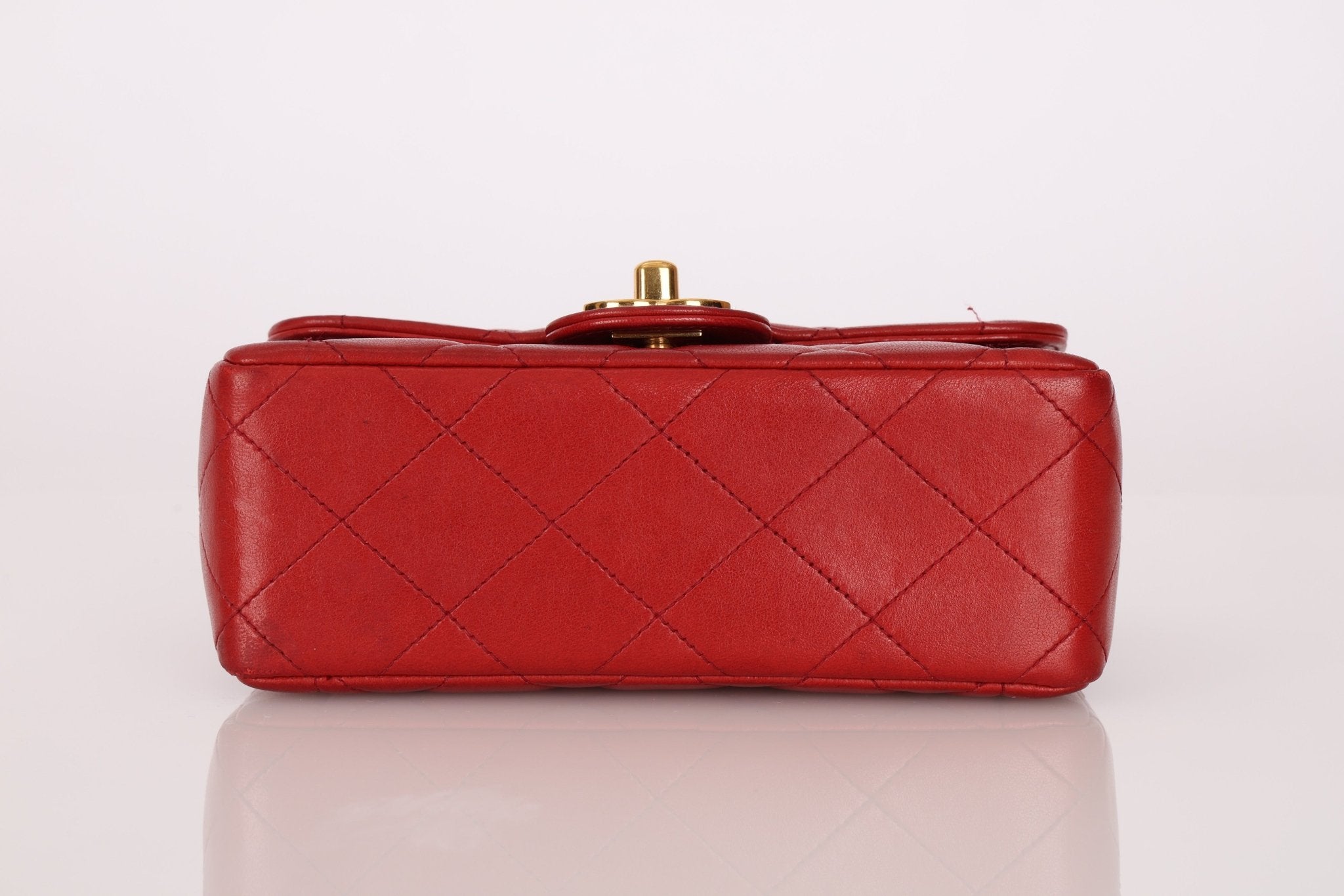 Ultra - Rare Chanel 1995 Red Lambskin Mini Square Flap 24k GP - FashioNica