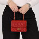 Ultra - Rare Chanel 1995 Red Lambskin Mini Square Flap 24k GP - FashioNica