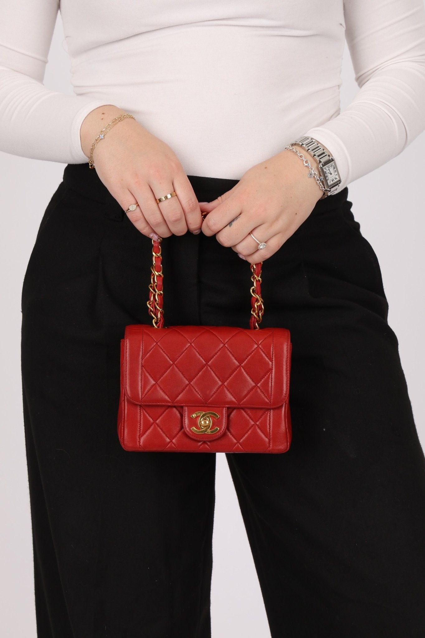 Ultra - Rare Chanel 1995 Red Lambskin Mini Square Flap 24k GP - FashioNica