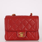 Ultra - Rare Chanel 1995 Red Lambskin Mini Square Flap 24k GP - FashioNica