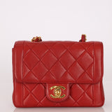 Ultra - Rare Chanel 1995 Red Lambskin Mini Square Flap 24k GP - FashioNica