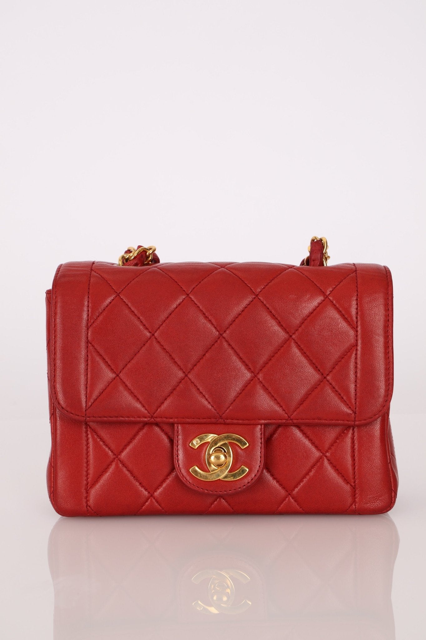 Ultra - Rare Chanel 1995 Red Lambskin Mini Square Flap 24k GP - FashioNica