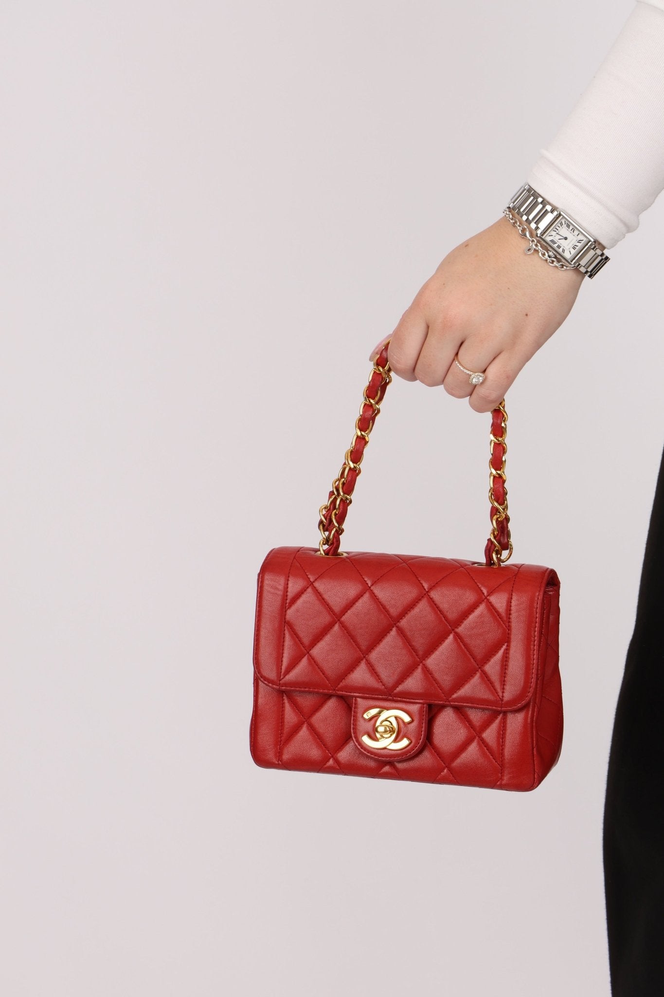 Ultra - Rare Chanel 1995 Red Lambskin Mini Square Flap 24k GP - FashioNica