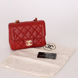 Ultra - Rare Chanel 1995 Red Lambskin Mini Square Flap 24k GP - FashioNica