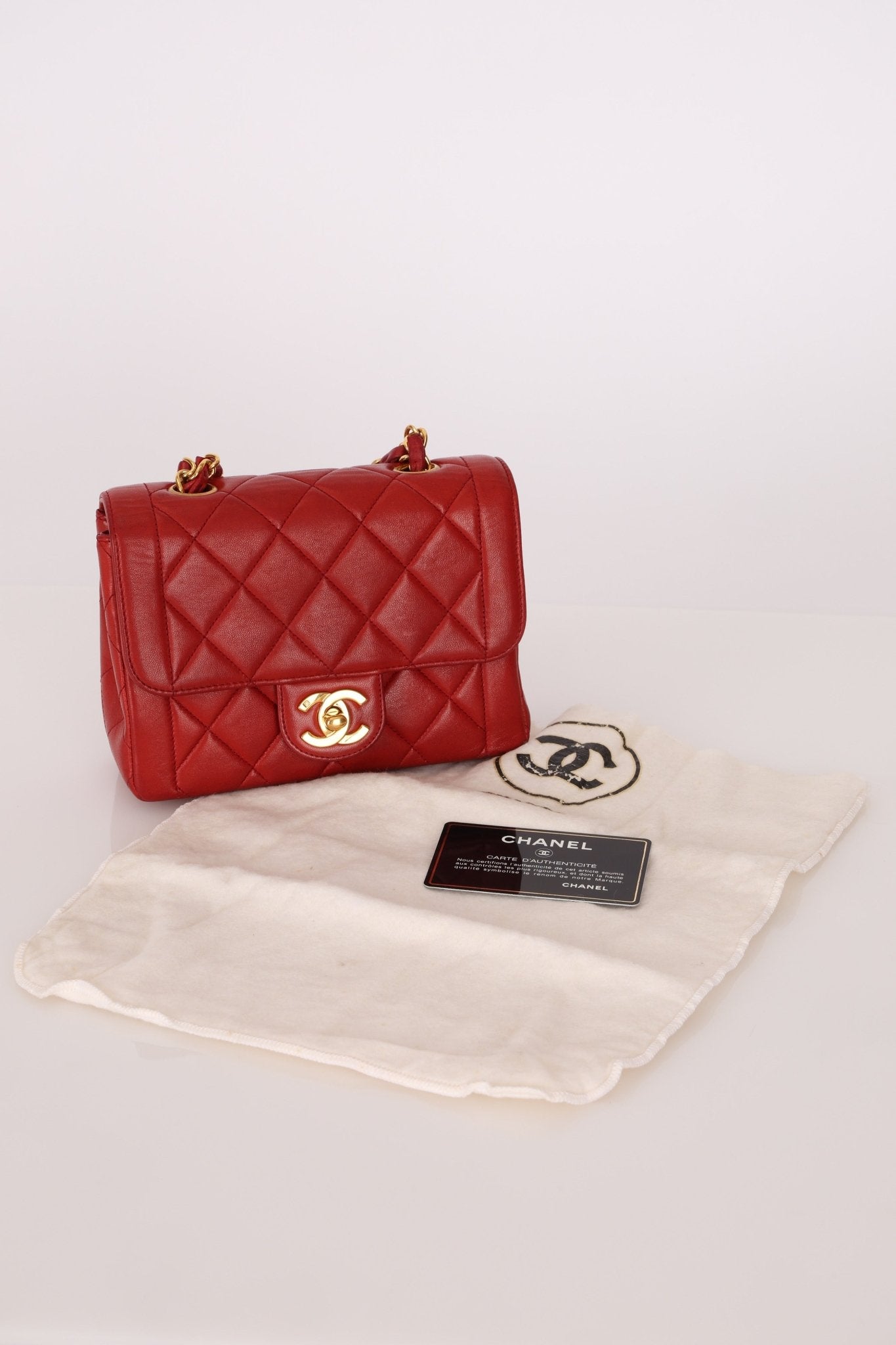 Ultra - Rare Chanel 1995 Red Lambskin Mini Square Flap 24k GP - FashioNica