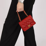 Ultra - Rare Chanel 1995 Red Lambskin Mini Square Flap 24k GP - FashioNica