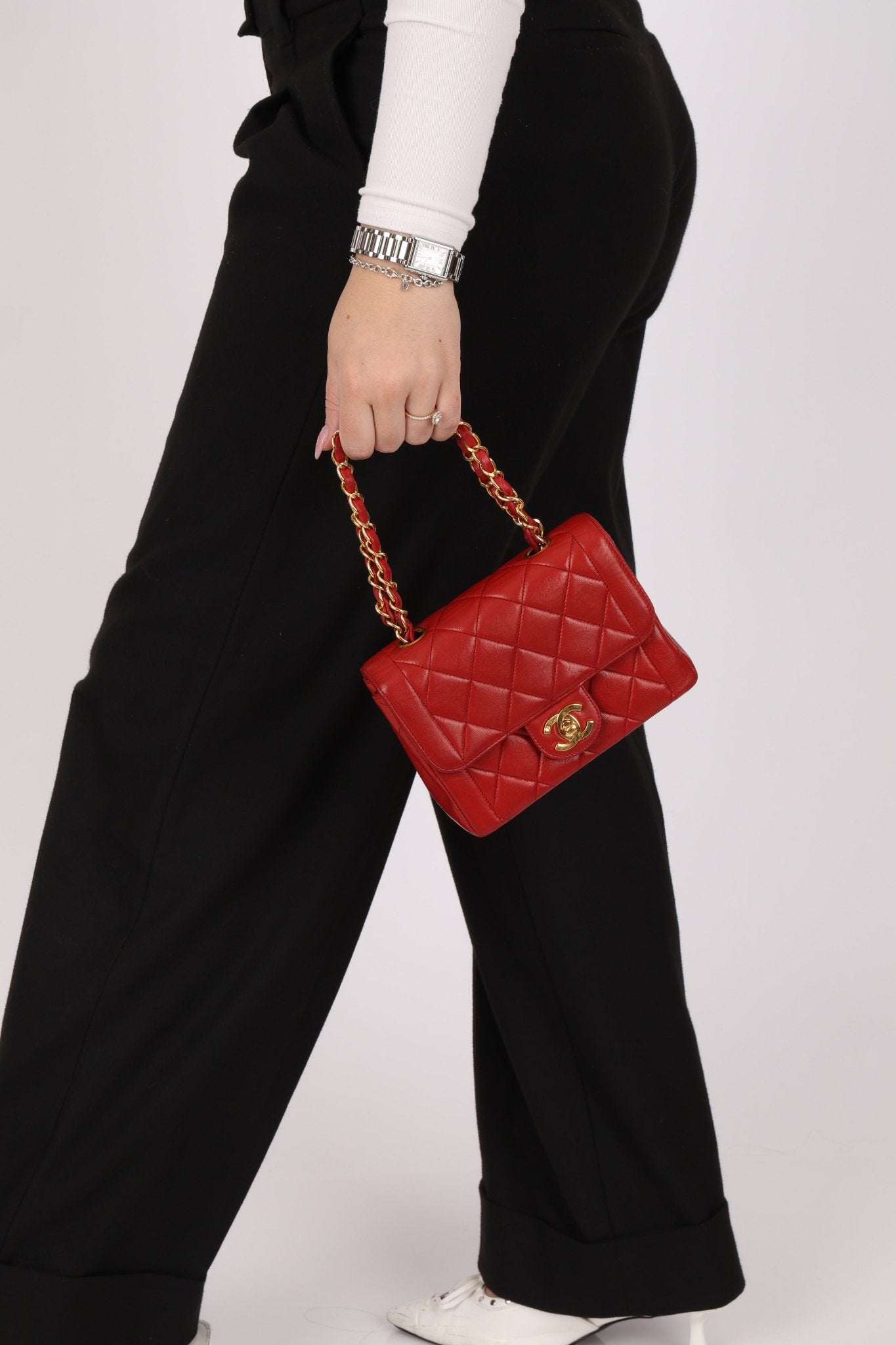 Ultra - Rare Chanel 1995 Red Lambskin Mini Square Flap 24k GP - FashioNica