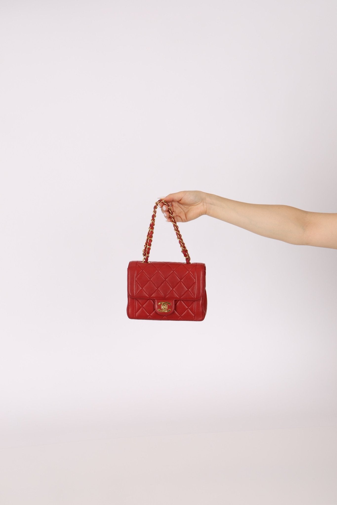 Ultra - Rare Chanel 1995 Red Lambskin Mini Square Flap 24k GP - FashioNica