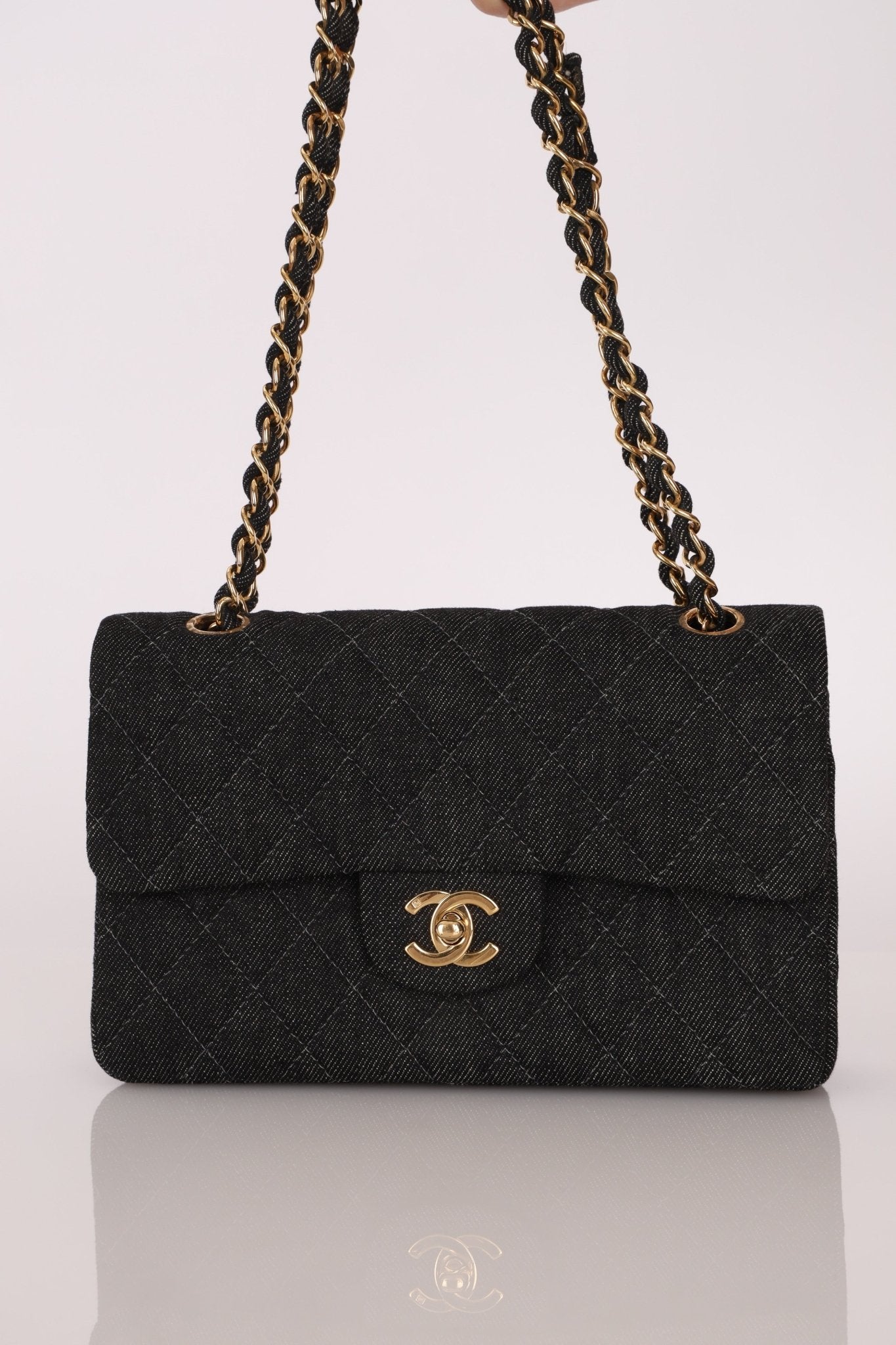 Ultra - Rare Chanel 1997 Black Denim Small Classic Double Flap 24K GP - FashioNica