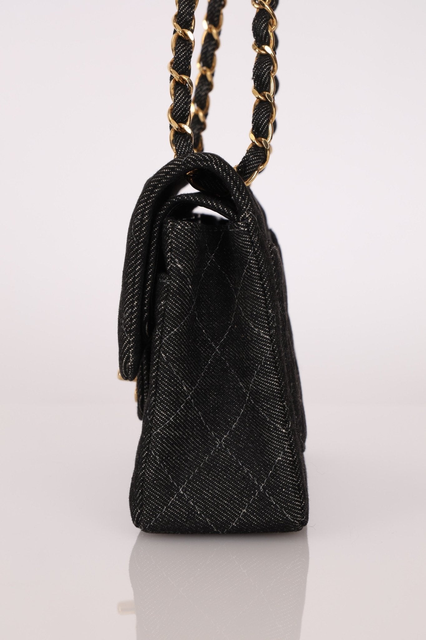 Ultra - Rare Chanel 1997 Black Denim Small Classic Double Flap 24K GP - FashioNica