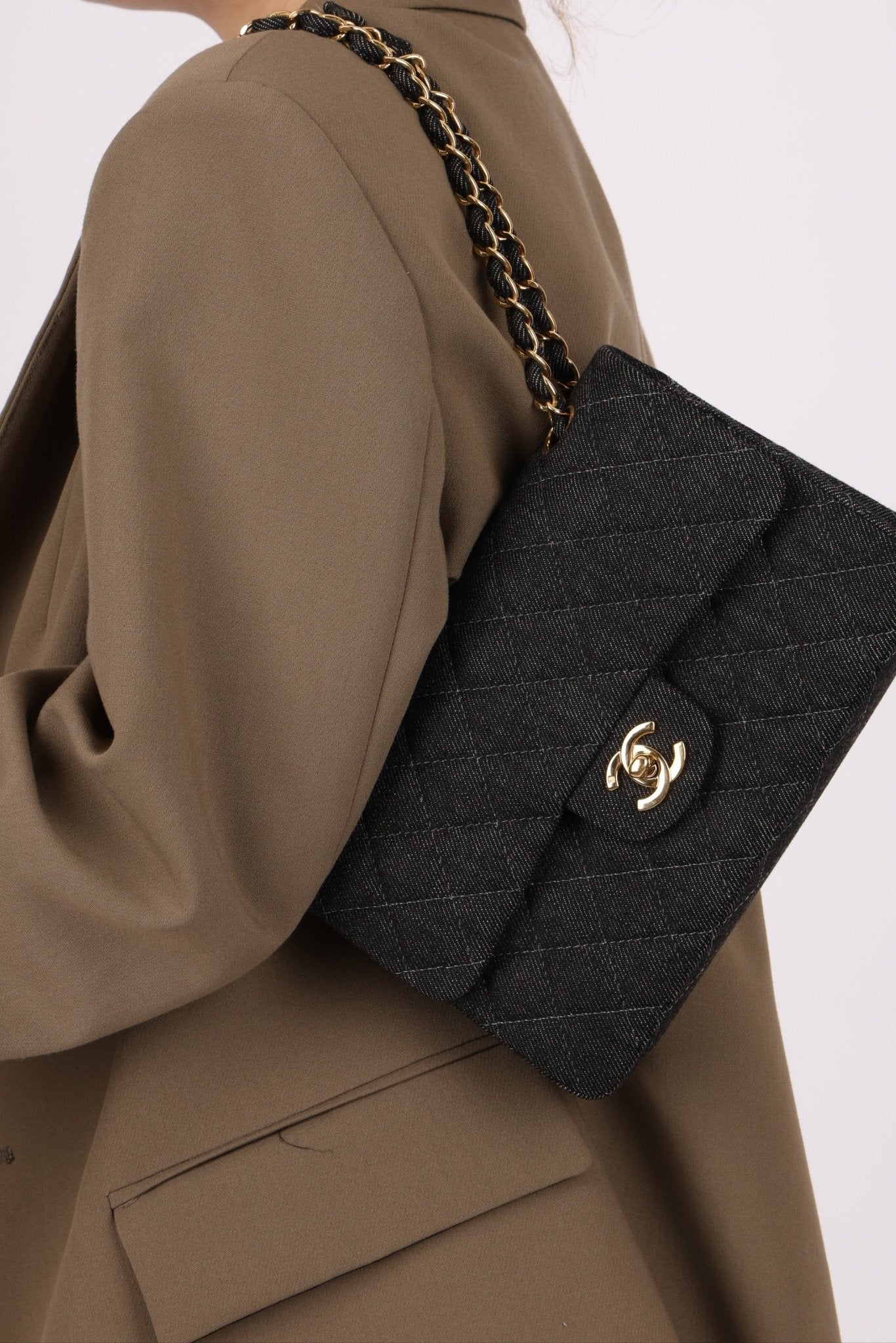 Ultra - Rare Chanel 1997 Black Denim Small Classic Double Flap 24K GP - FashioNica