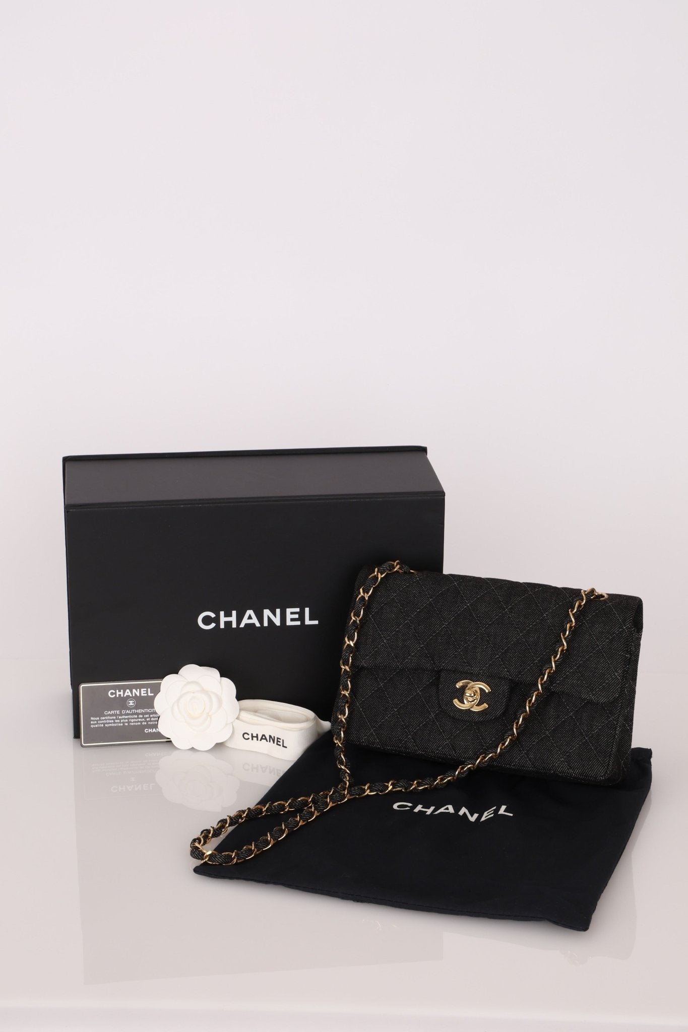 Ultra - Rare Chanel 1997 Black Denim Small Classic Double Flap 24K GP - FashioNica