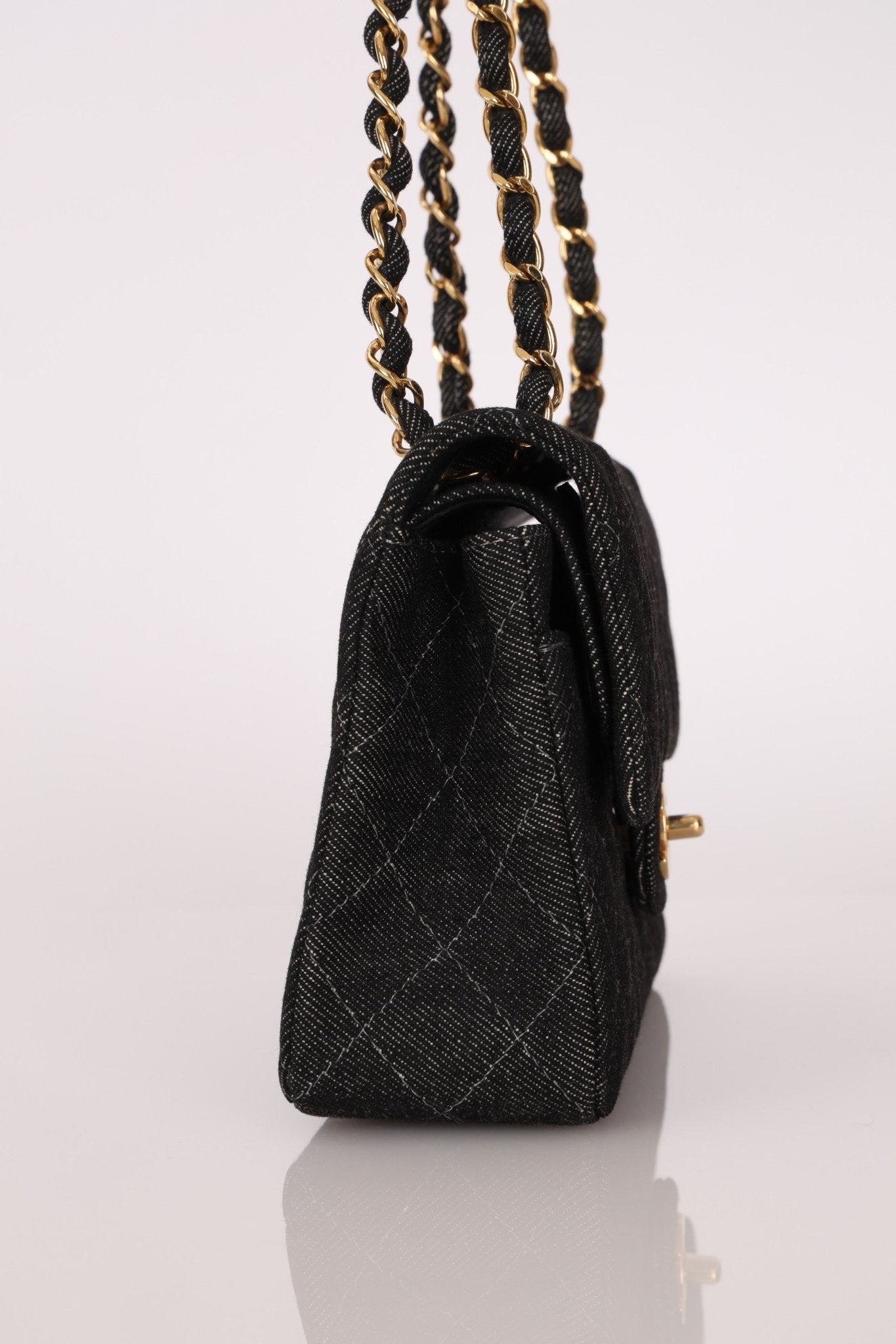 Ultra - Rare Chanel 1997 Black Denim Small Classic Double Flap 24K GP - FashioNica