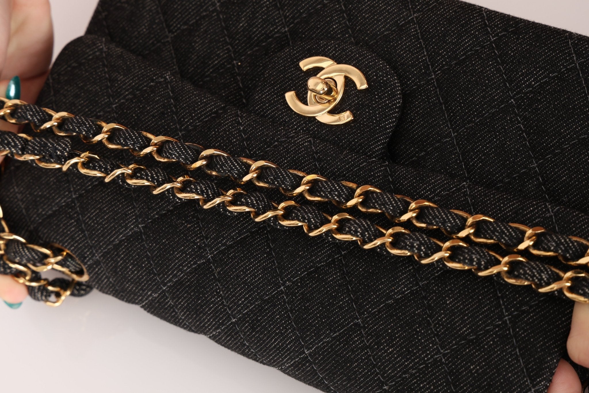 Ultra - Rare Chanel 1997 Black Denim Small Classic Double Flap 24K GP - FashioNica