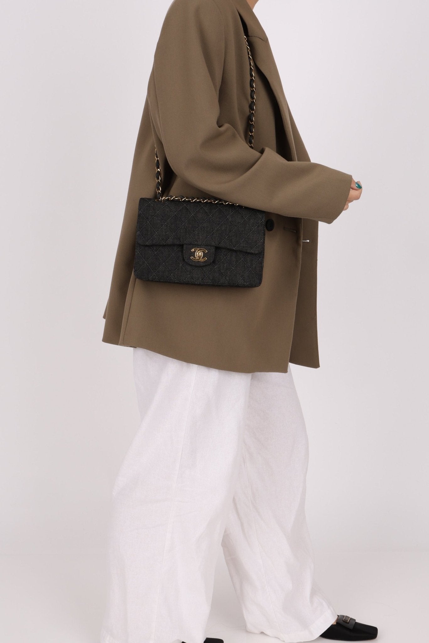 Ultra - Rare Chanel 1997 Black Denim Small Classic Double Flap 24K GP - FashioNica