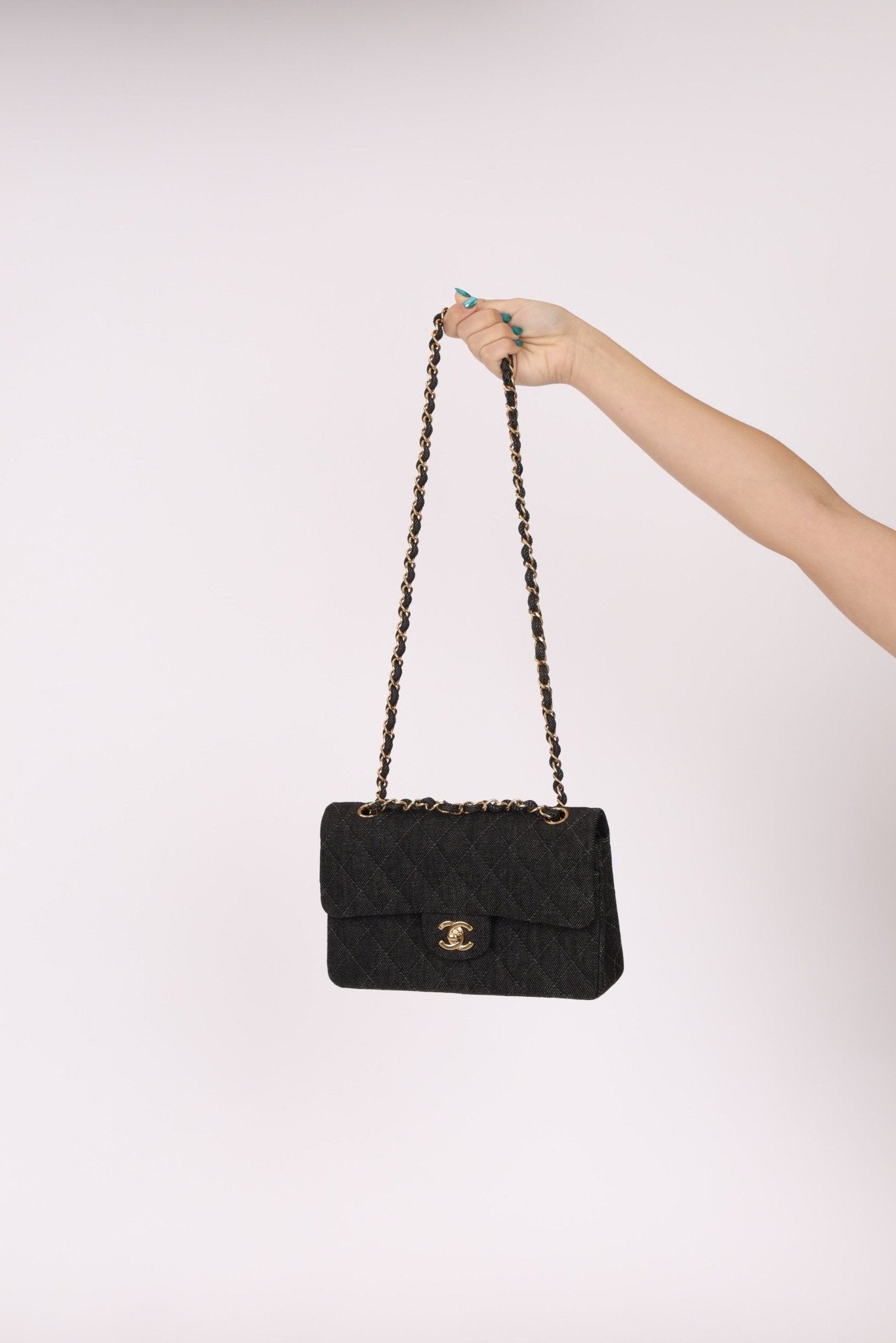 Ultra - Rare Chanel 1997 Black Denim Small Classic Double Flap 24K GP - FashioNica