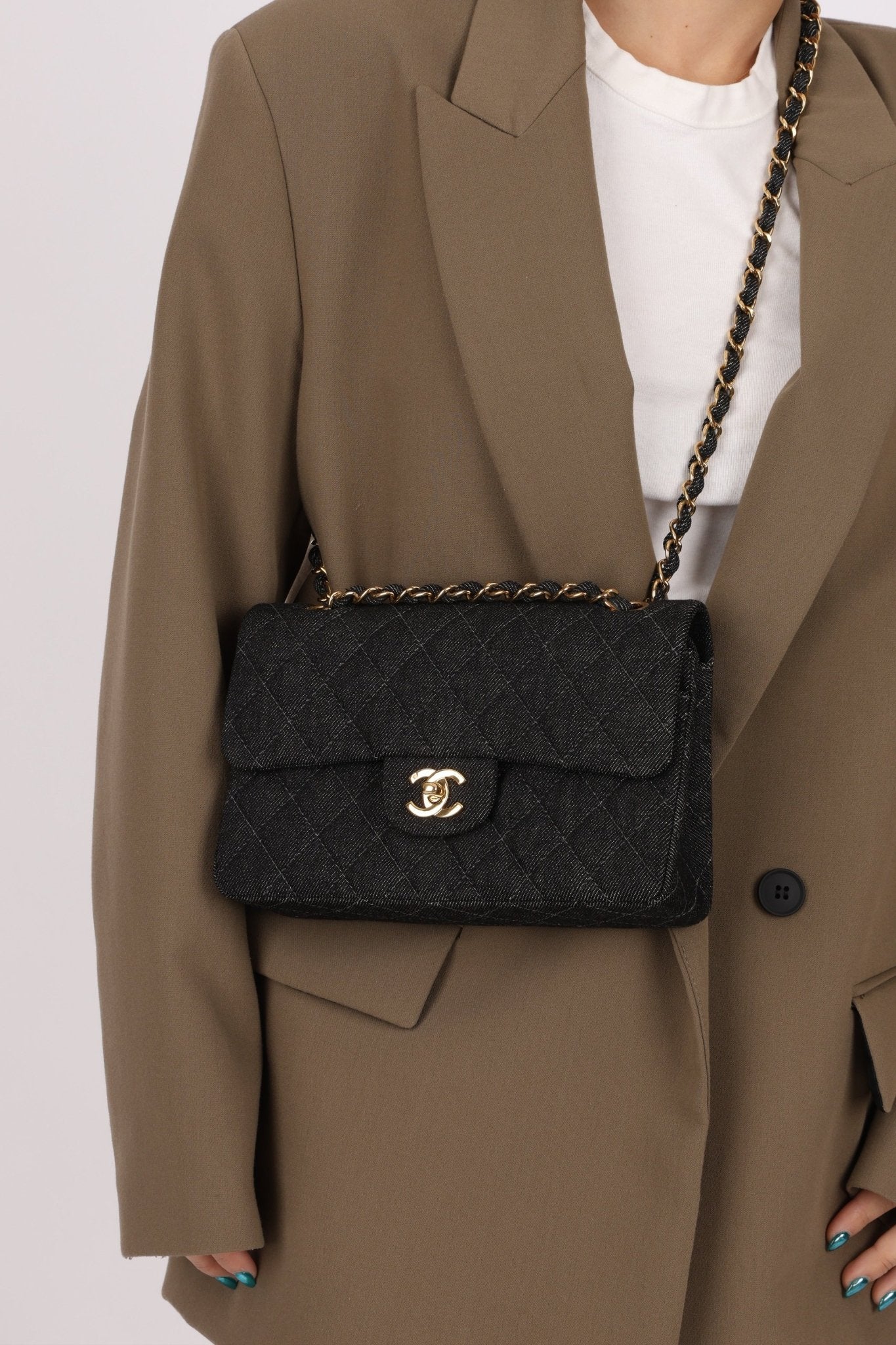 Ultra - Rare Chanel 1997 Black Denim Small Classic Double Flap 24K GP - FashioNica