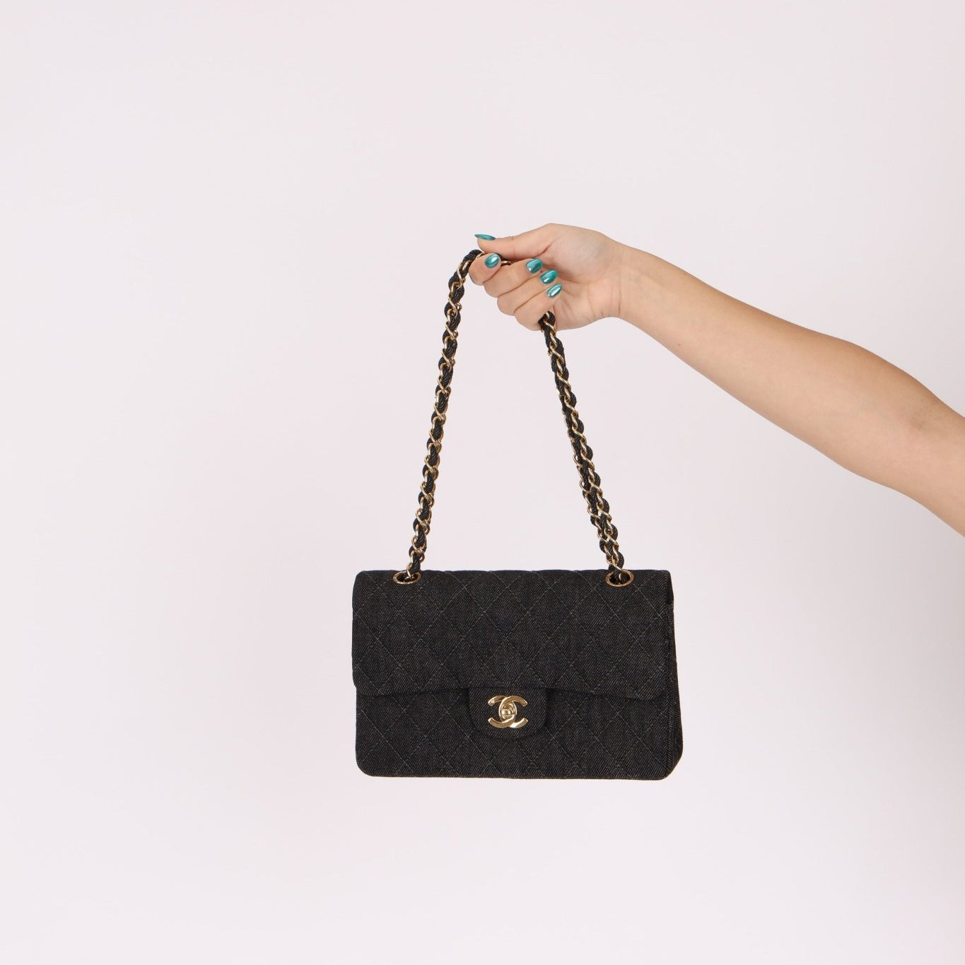 Ultra - Rare Chanel 1997 Black Denim Small Classic Double Flap 24K GP - FashioNica