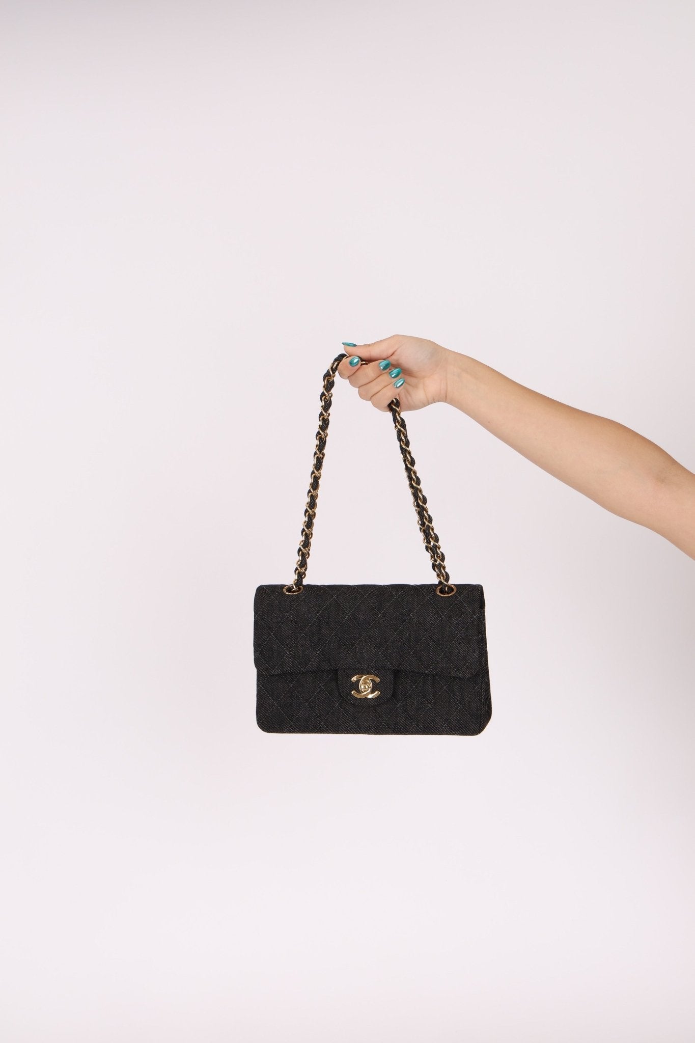 Ultra - Rare Chanel 1997 Black Denim Small Classic Double Flap 24K GP - FashioNica