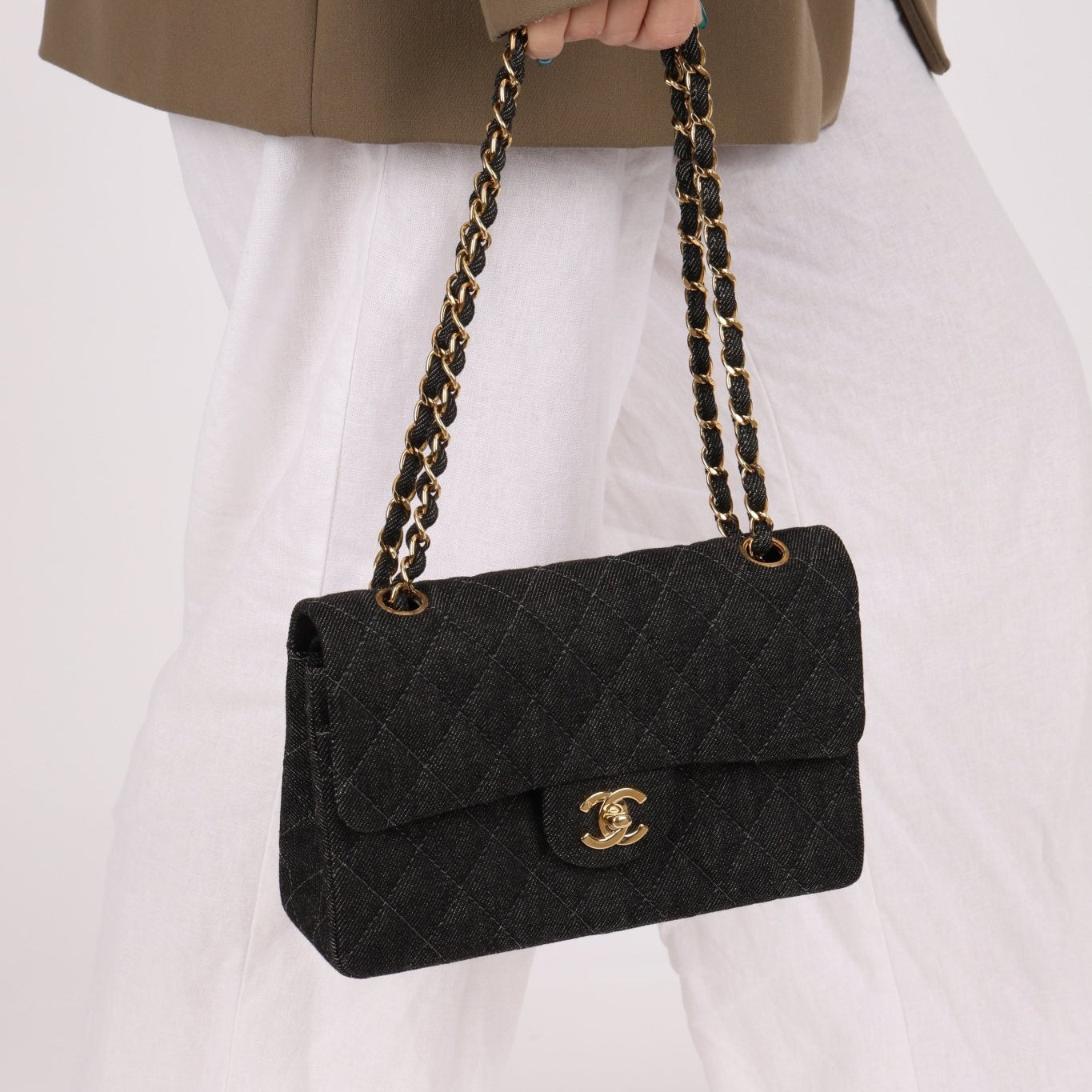 Ultra - Rare Chanel 1997 Black Denim Small Classic Double Flap 24K GP - FashioNica