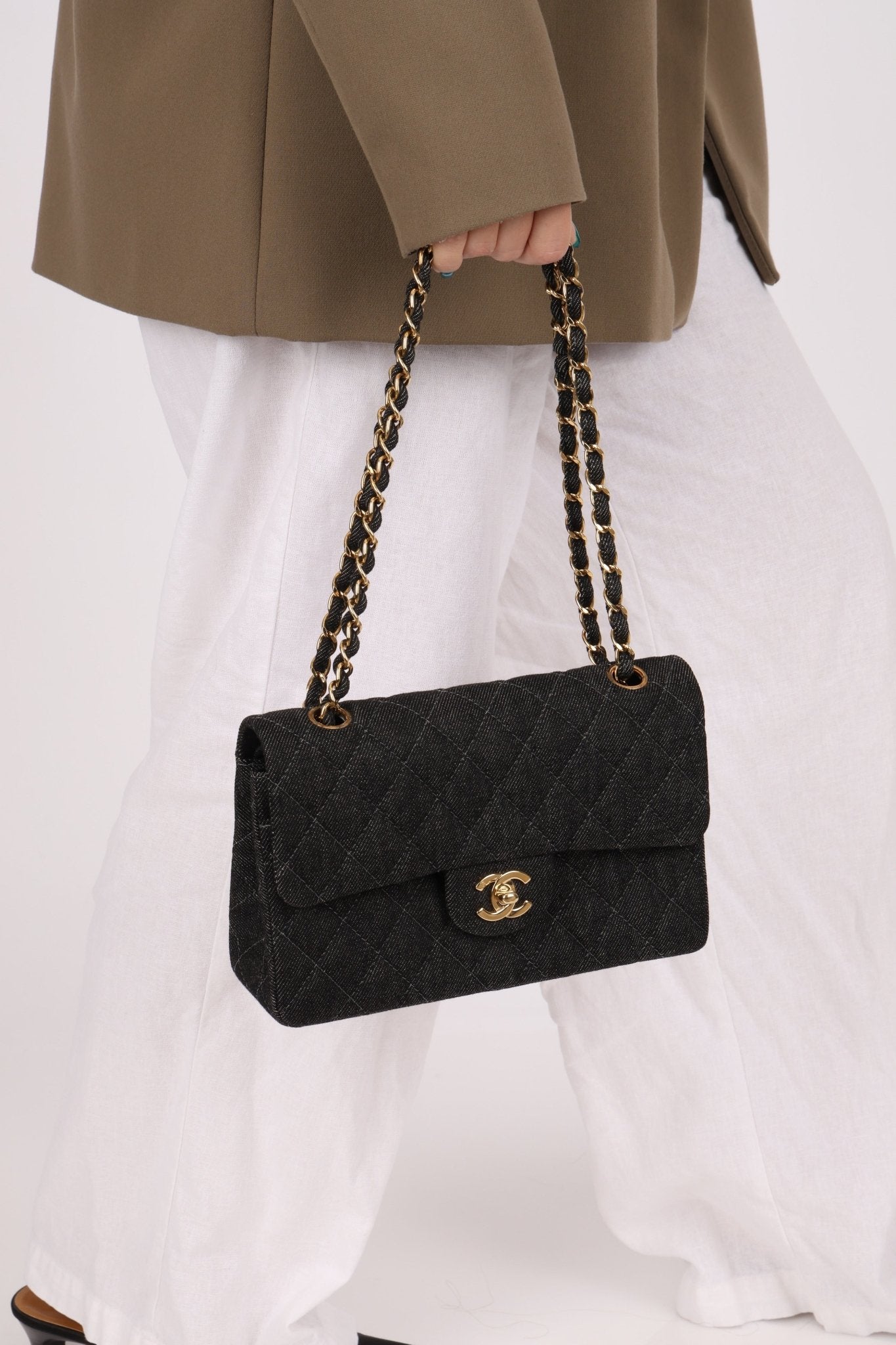 Ultra - Rare Chanel 1997 Black Denim Small Classic Double Flap 24K GP - FashioNica