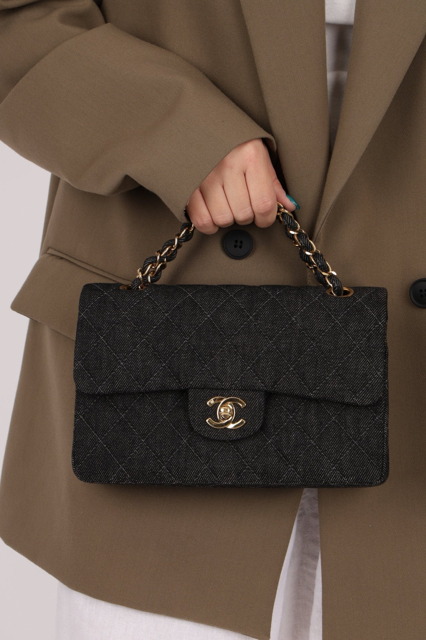 Ultra - Rare Chanel 1997 Black Denim Small Classic Double Flap 24K GP - FashioNica