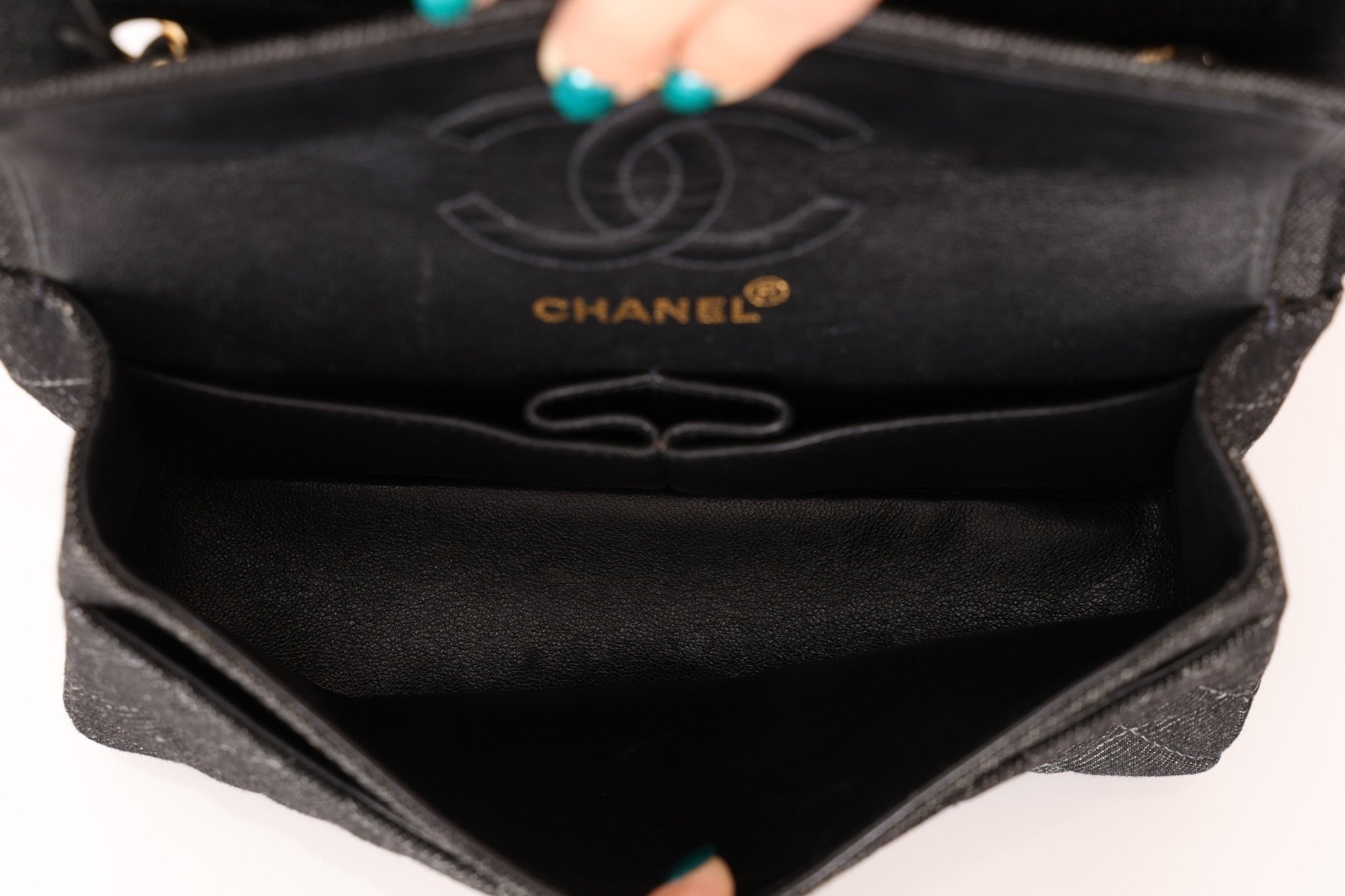 Ultra - Rare Chanel 1997 Black Denim Small Classic Double Flap 24K GP - FashioNica