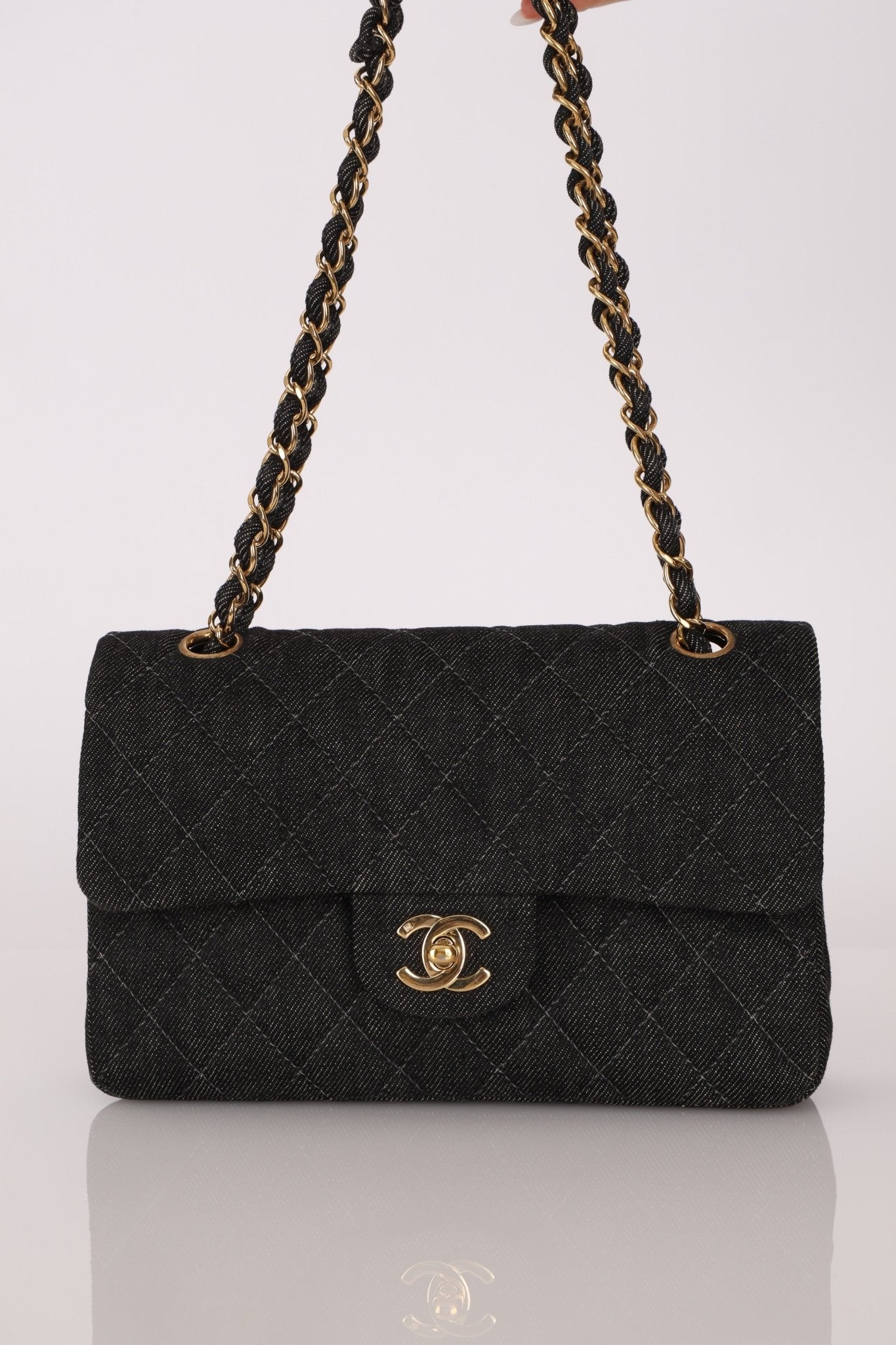 Ultra - Rare Chanel 1997 Black Denim Small Double Flap 24k GP - FashioNica