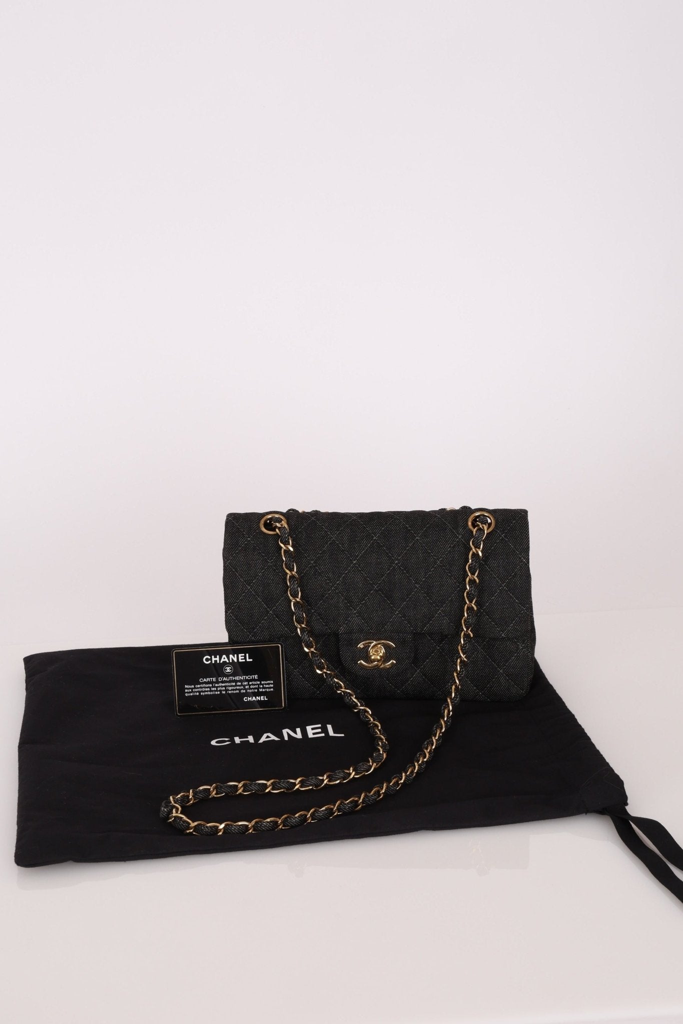 Ultra - Rare Chanel 1997 Black Denim Small Double Flap 24k GP - FashioNica