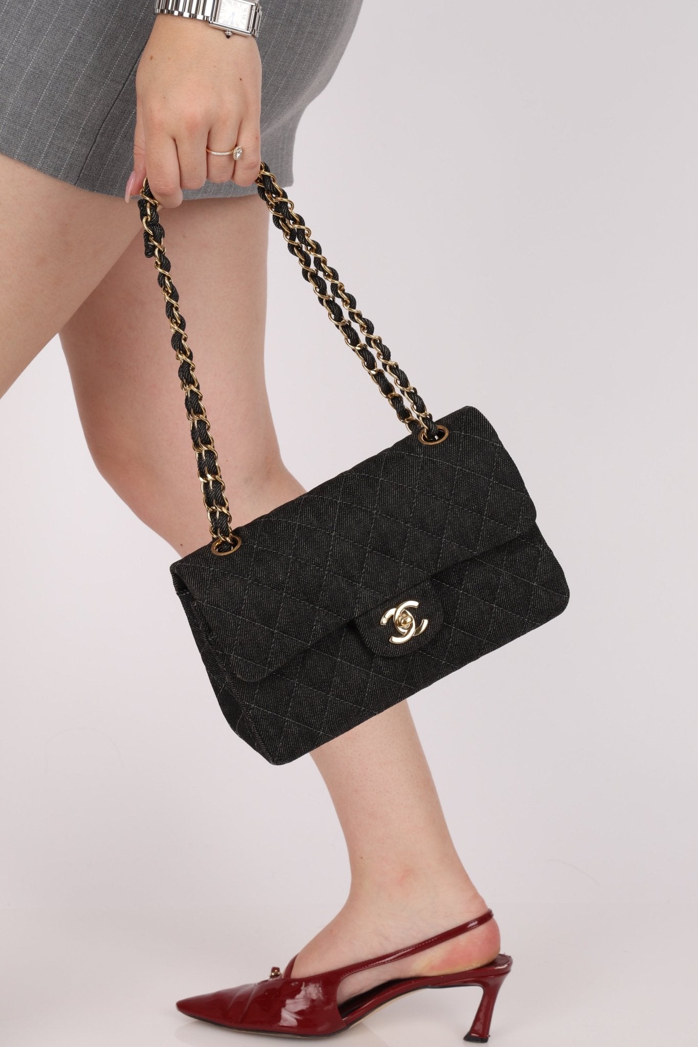 Ultra - Rare Chanel 1997 Black Denim Small Double Flap 24k GP - FashioNica