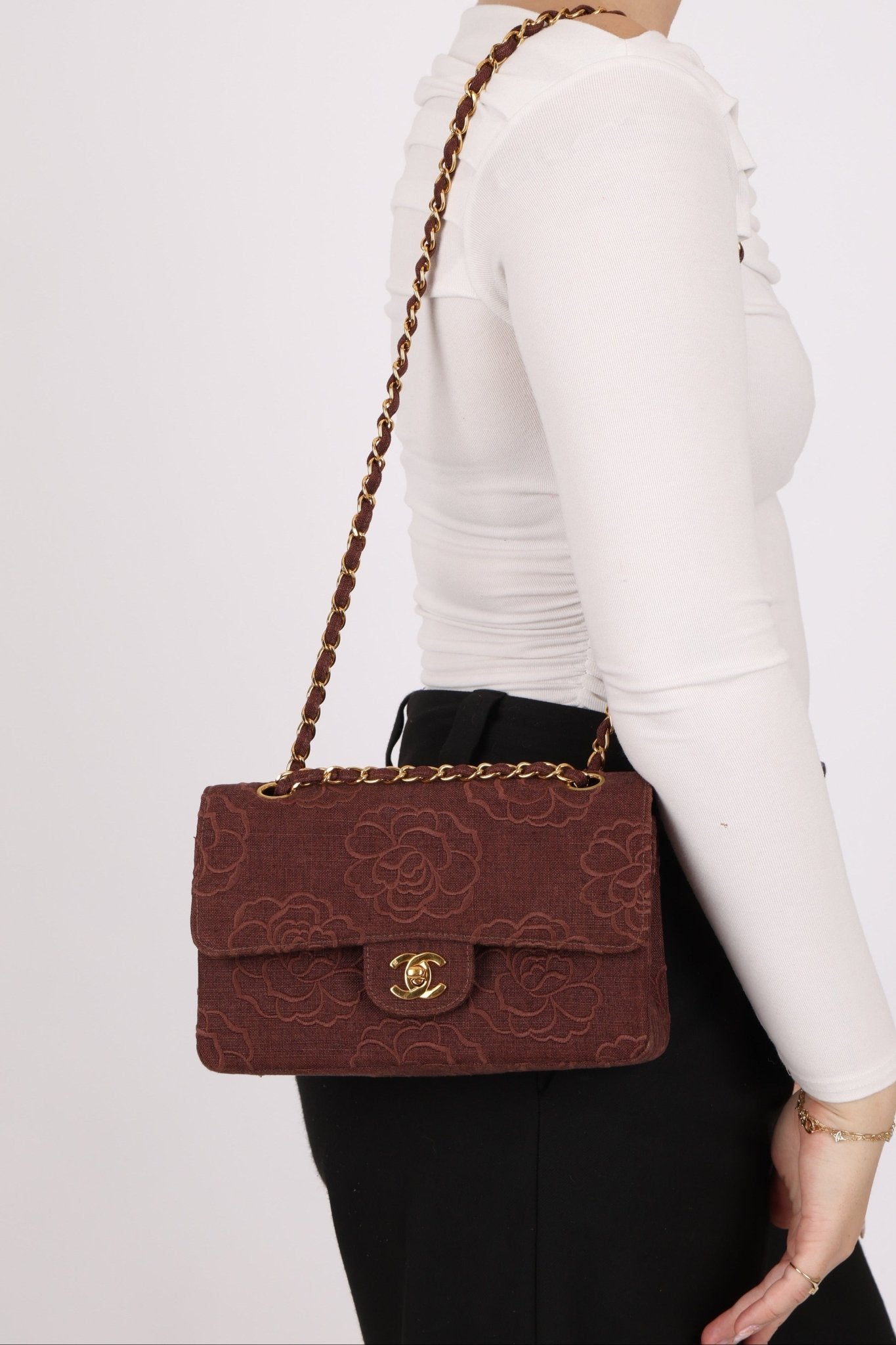 Ultra - Rare Chanel 1998 Embroidered Camellia Small Classic Flap 24k GP - FashioNica