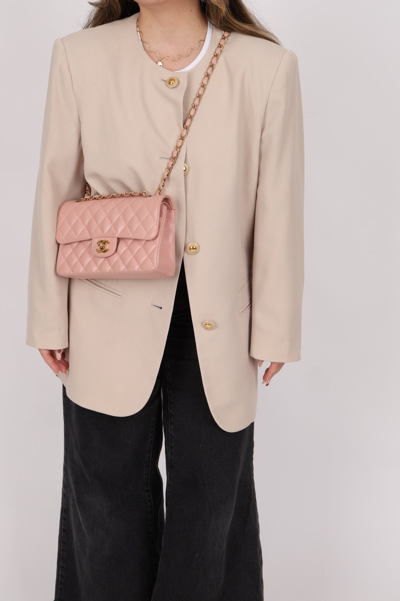 Ultra - Rare Chanel 2003 Caviar Rose Sakura Small Double Flap 24K GP - FashioNica