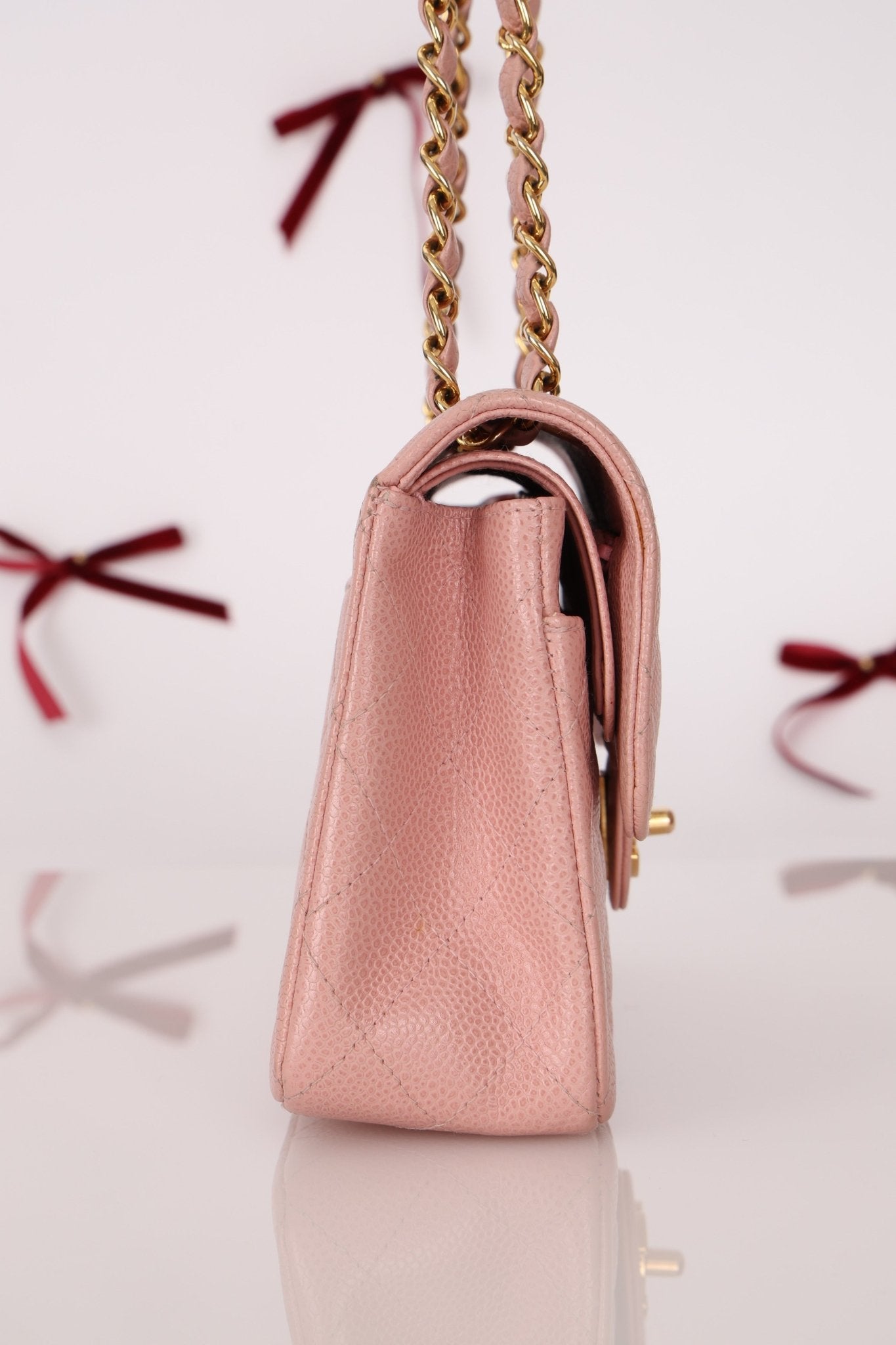 Ultra - Rare Chanel 2003 Caviar Rose Sakura Small Double Flap 24K GP - FashioNica