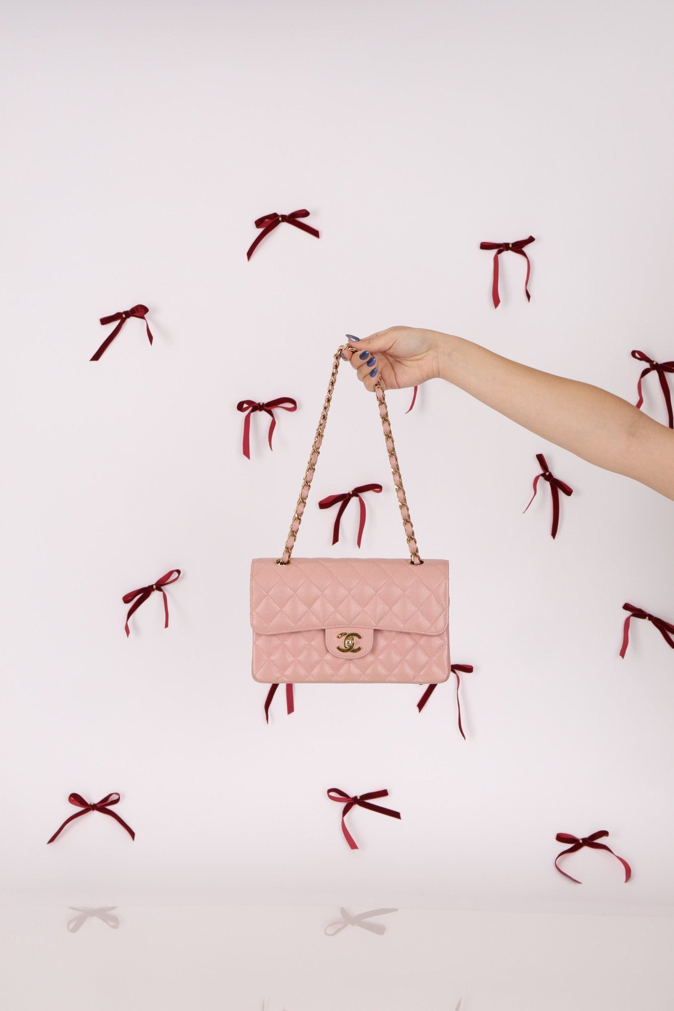 Ultra - Rare Chanel 2003 Caviar Rose Sakura Small Double Flap 24K GP - FashioNica