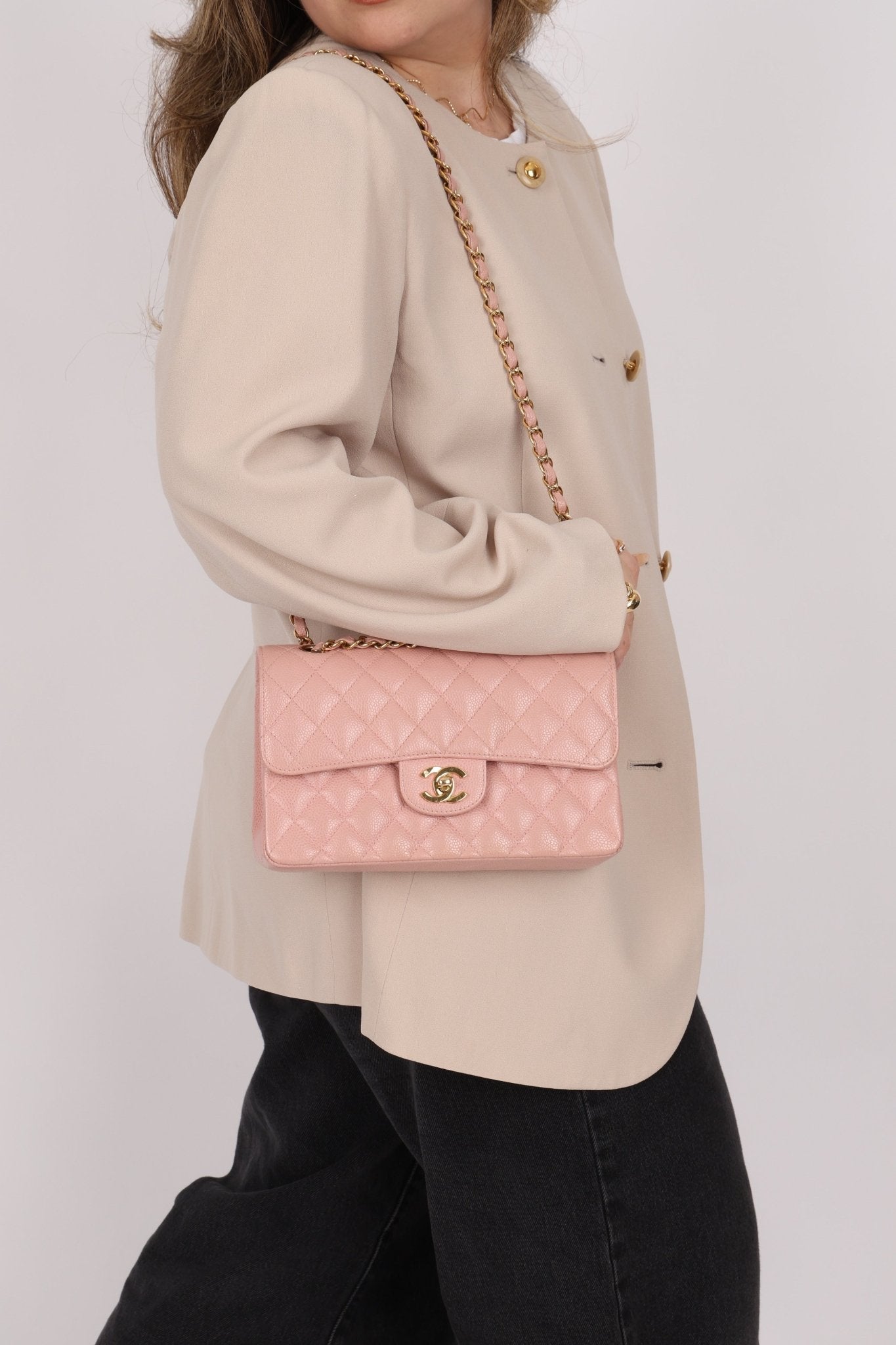 Ultra - Rare Chanel 2003 Caviar Rose Sakura Small Double Flap 24K GP - FashioNica